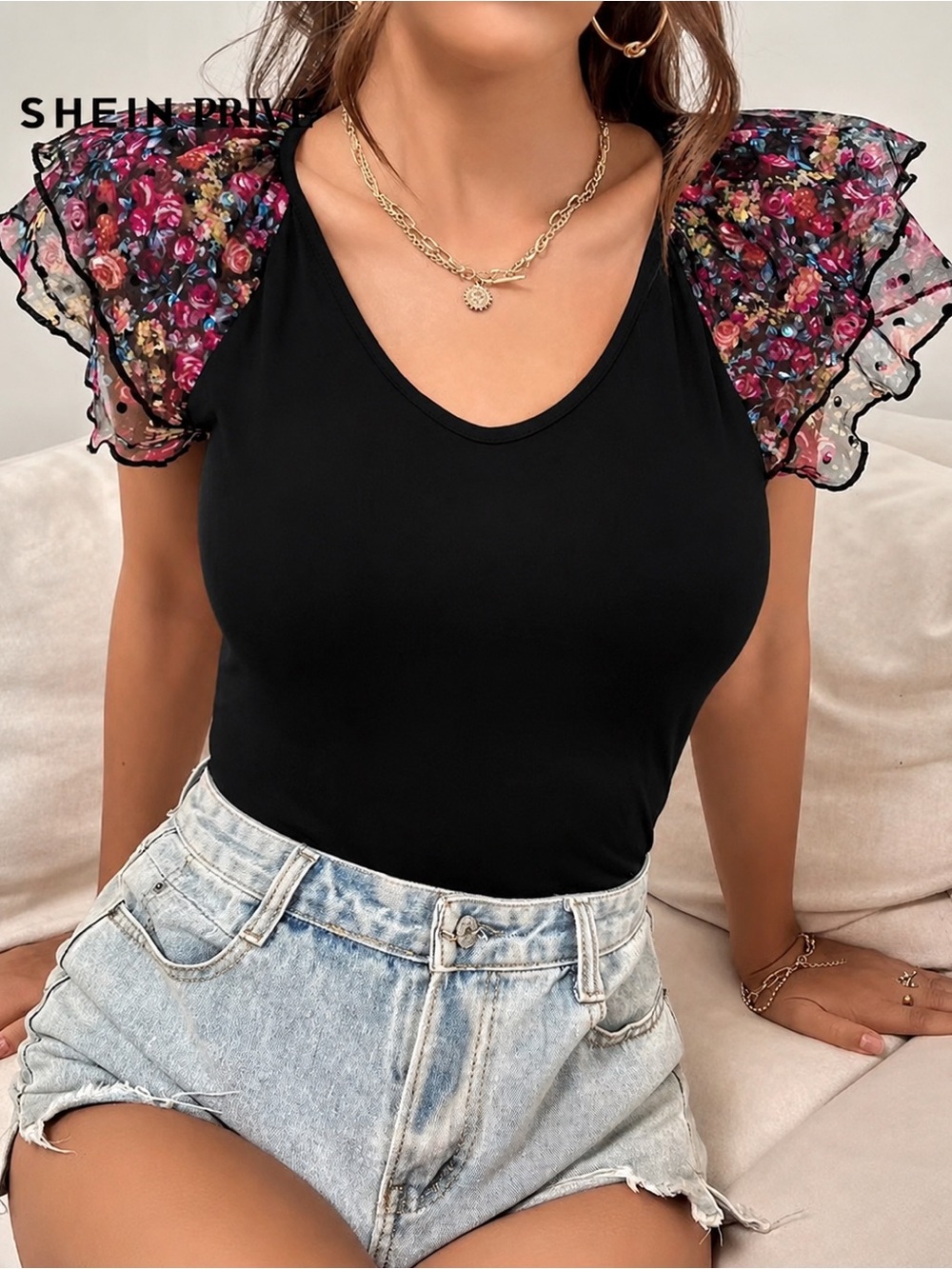 SHEIN Black Top with Floral Sheer Ruffle Sleeves